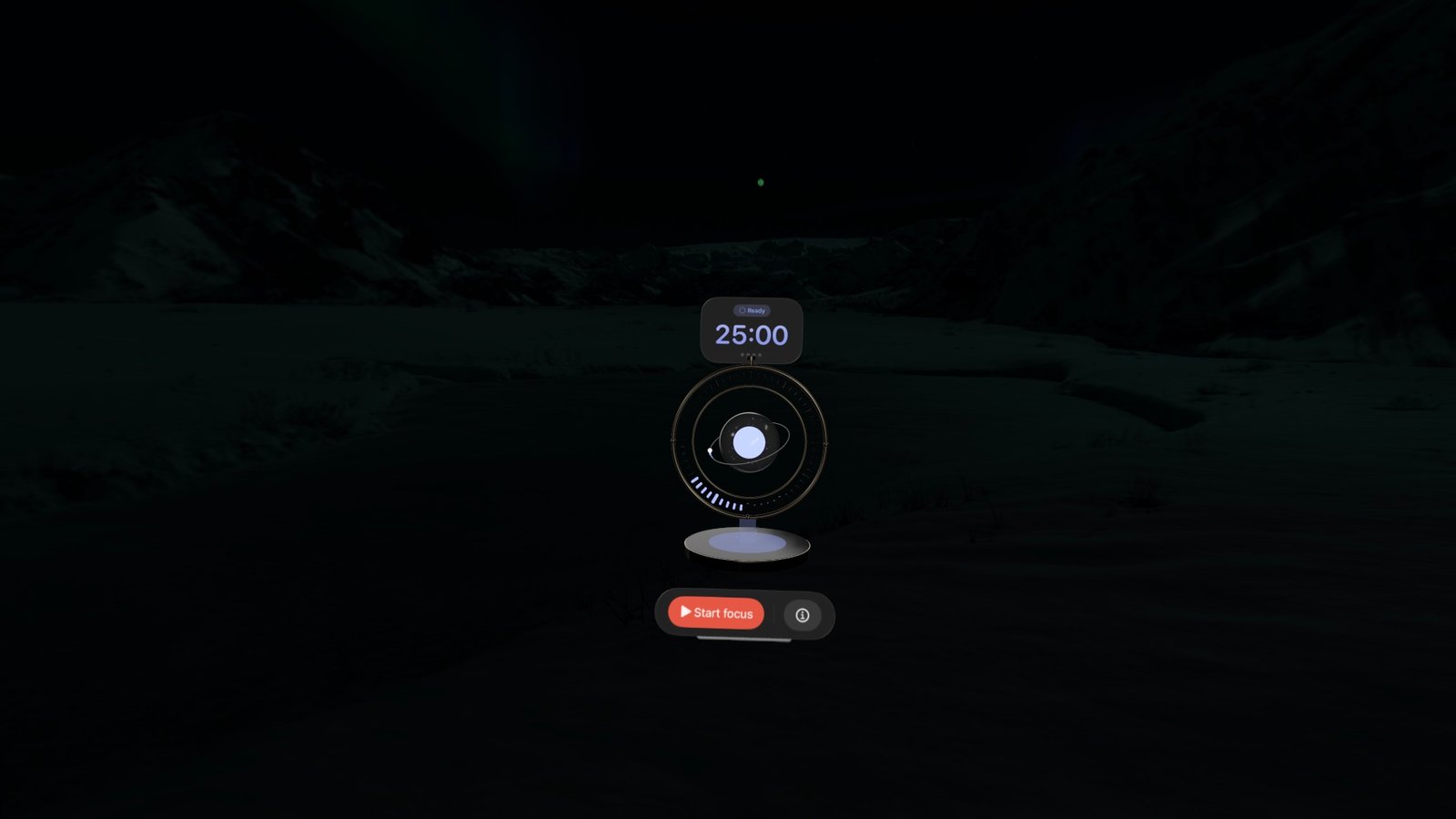 The Orbit timer floating in a dark visionOS environment, showing 25:00 and a Start focus button