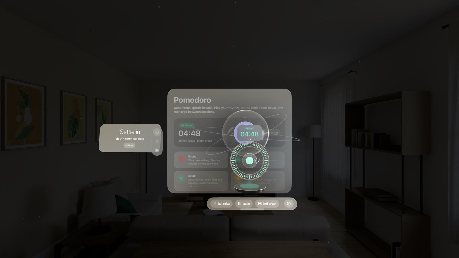The dimmed relax space with the breathing orb, the guidance panel and the timer