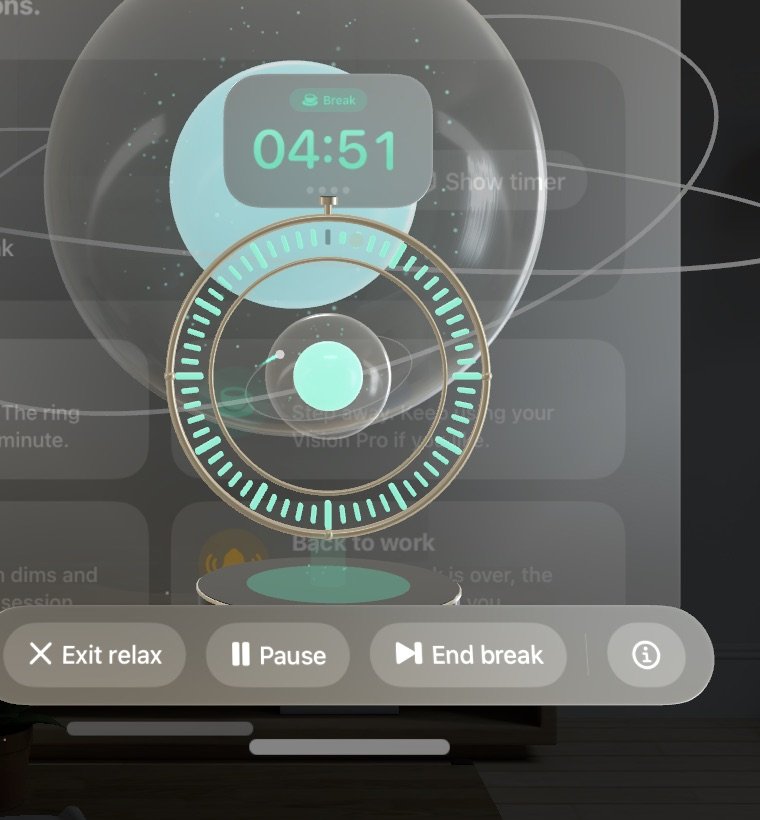 The timer in break mode, mint segments, with the relax space open behind it