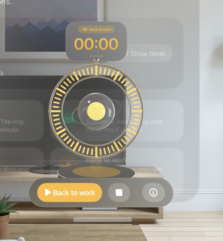 The timer after the break, amber and showing 00:00 with a Back to work button
